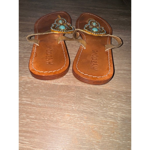 Mystique Beaded Thong Sandals Turquoise Embellished Gold Straps Size 7 - Picture 6 of 7